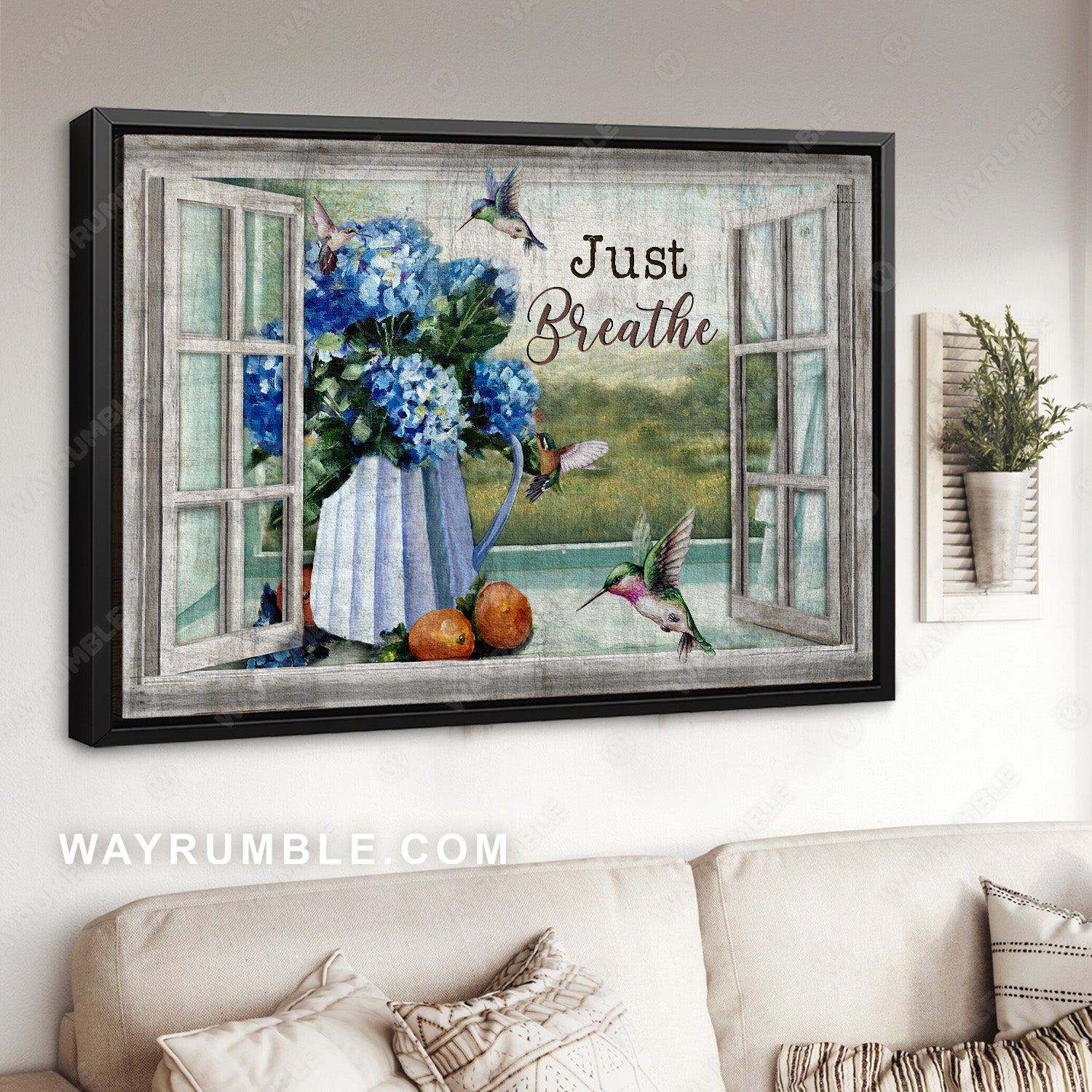 Blue hydrangea, Beautiful hummingbird, Window, Just breathe - Jesus Landscape Canvas Prints, Christian Wall Art