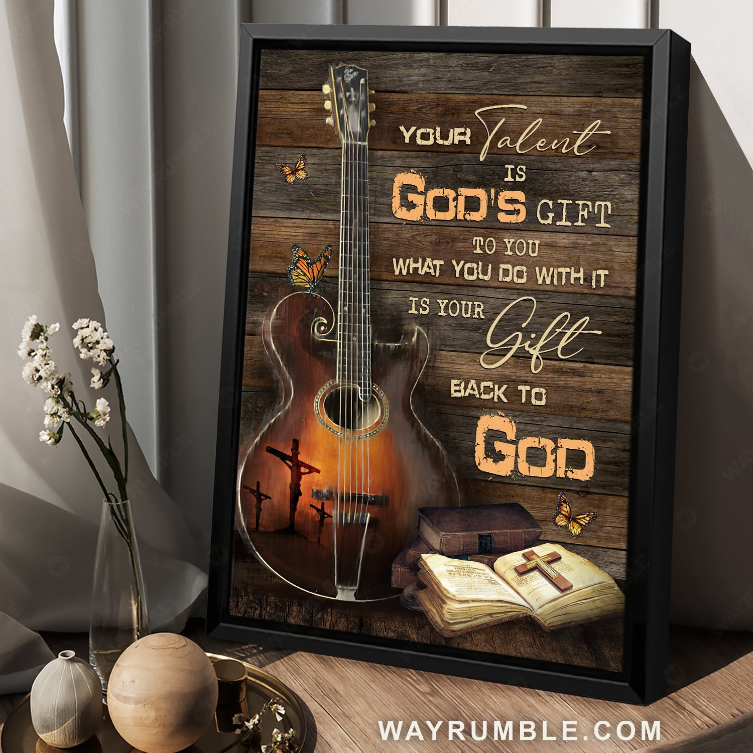 Beautiful guitar, Antique bible, Butterfly, Your talent is God's gift to you - Jesus Portrait Canvas Prints, Christian Wall Art