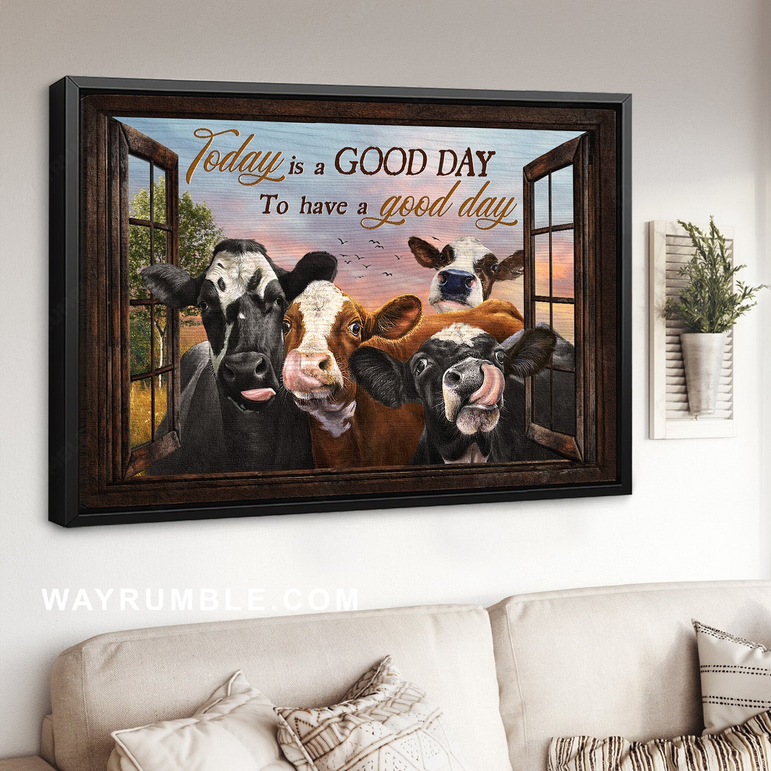 Beautiful dairy cow, Colorful sunset, Pretty scene, Today is a good day - Jesus Landscape Canvas Prints, Home Decor Wall Art