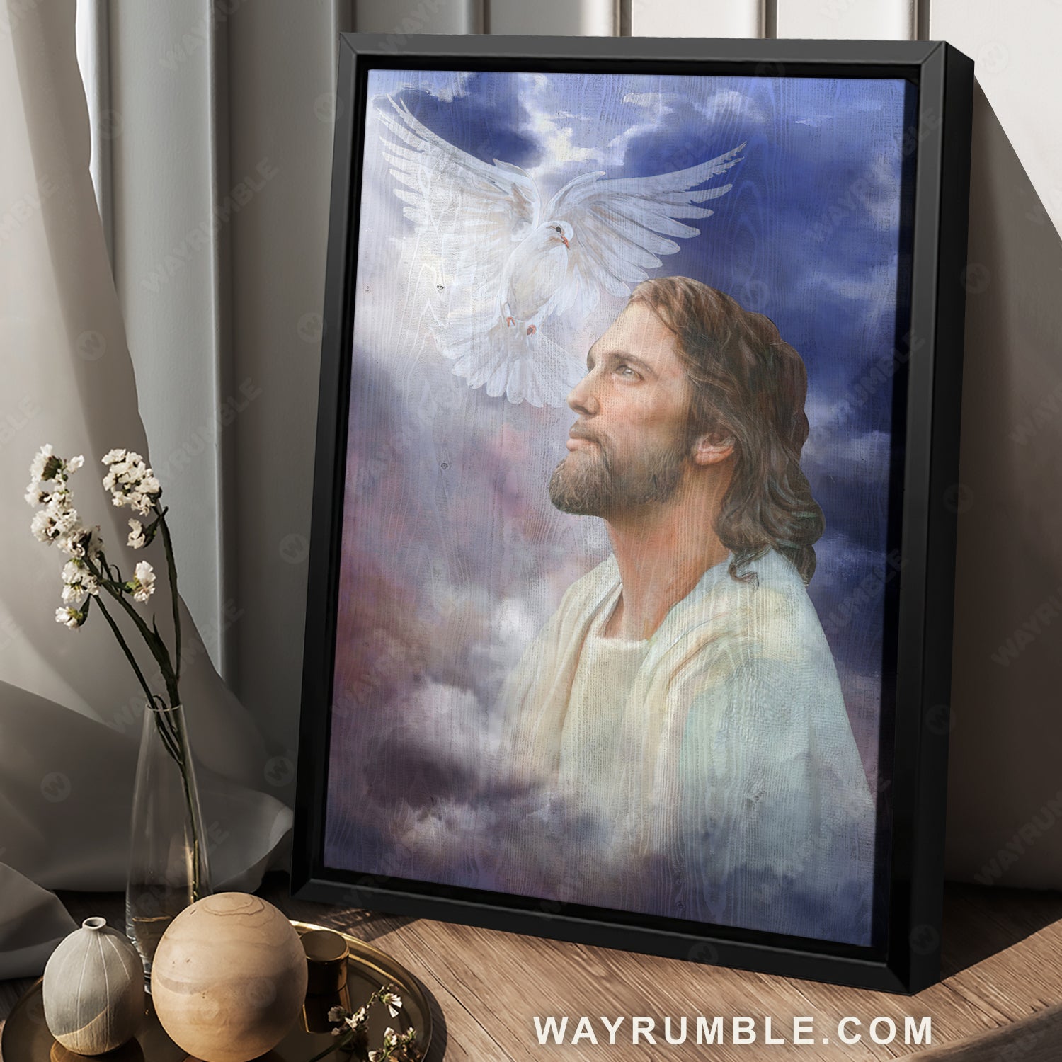 Vintage drawing, Happy Jesus, Peace dove, Beautiful sky artwork - Jesus Portrait Canvas Prints, Home Decor Wall Art
