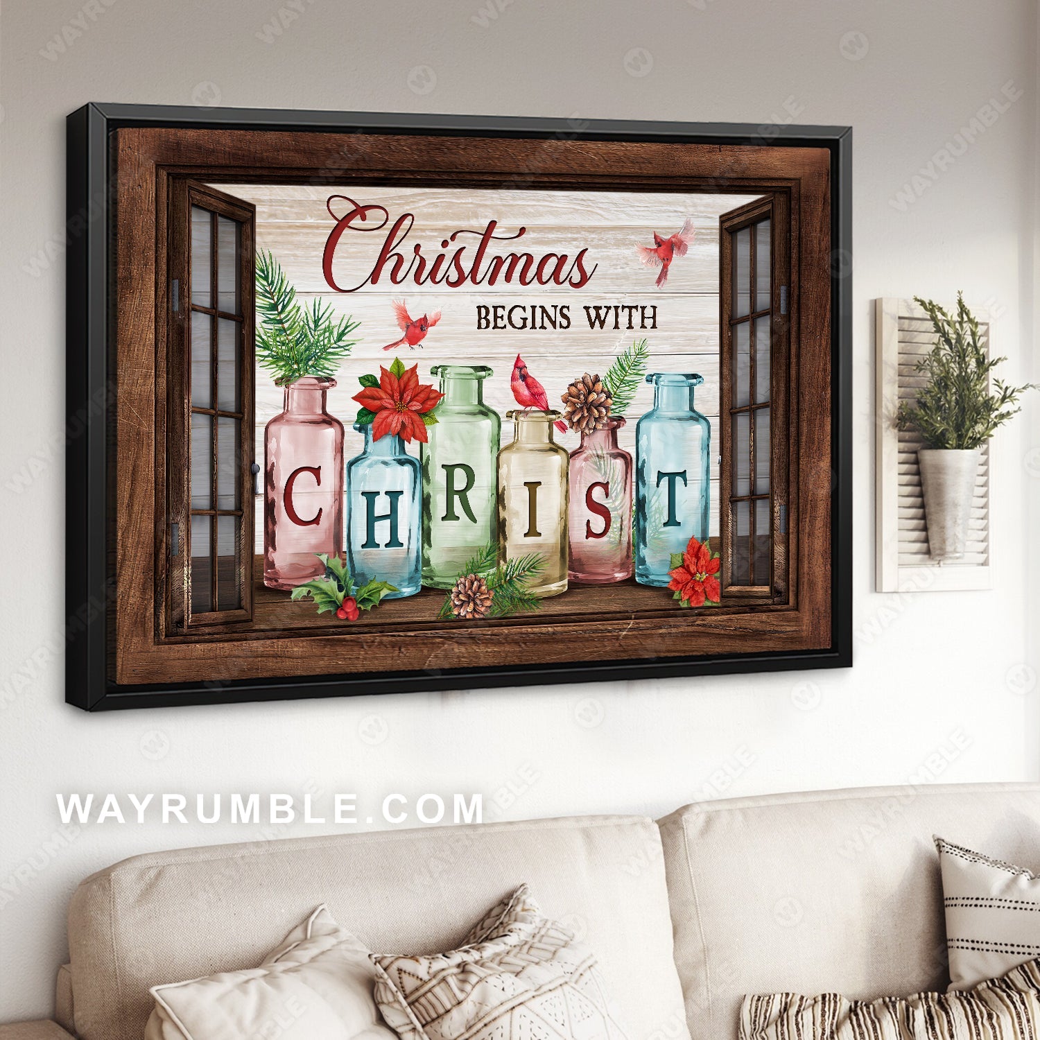 Christmas drawing, Colorful bottle, Red cardinal, Christmas begins with Christ - Jesus Landscape Canvas Prints, Home Decor Wall Art