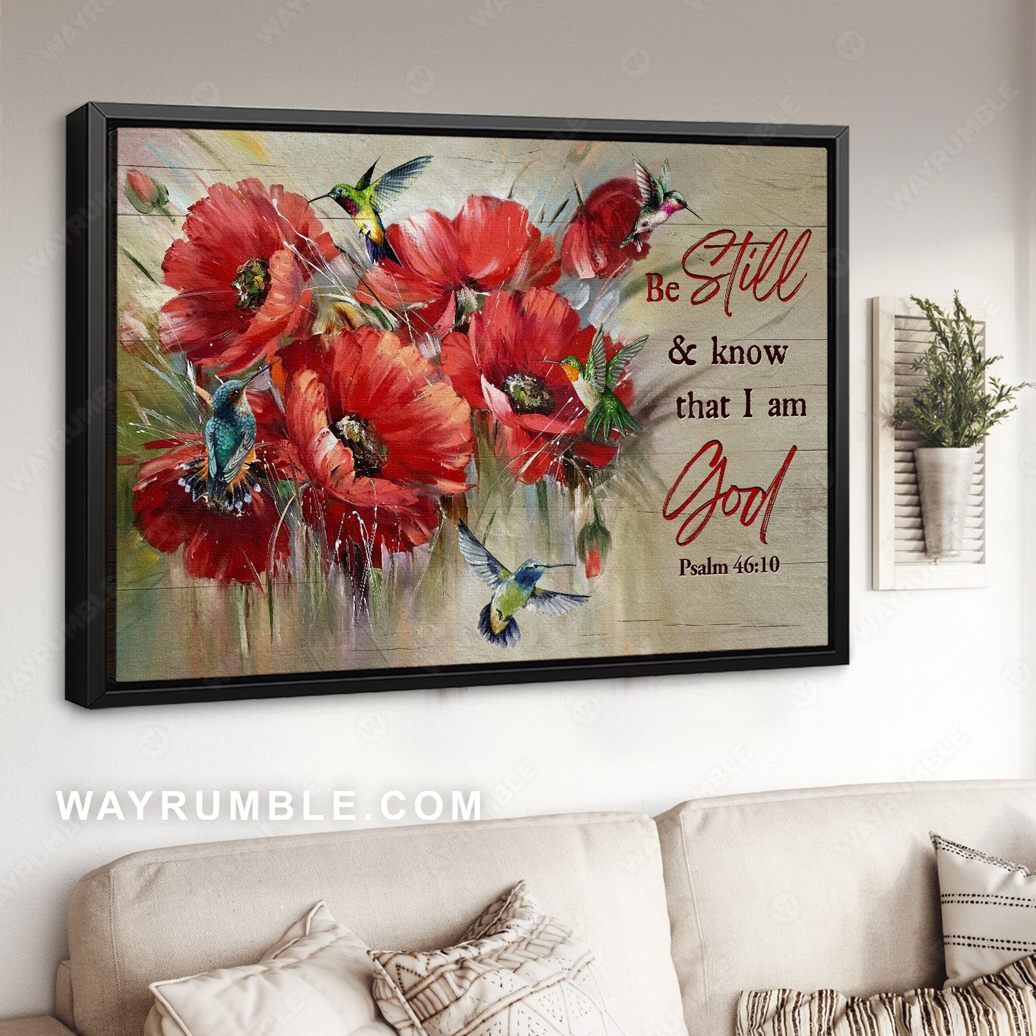 Brilliant poppy flower, Colorful hummingbird, Be still and know that I am God - Jesus Landscape Canvas Prints, Christian Wall Art