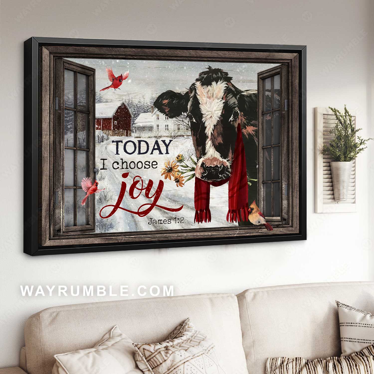 Unique cow painting, Yellow daisy, Red cardinal, Today I choose joy - Jesus Landscape Canvas Prints, Home Decor Wall Art
