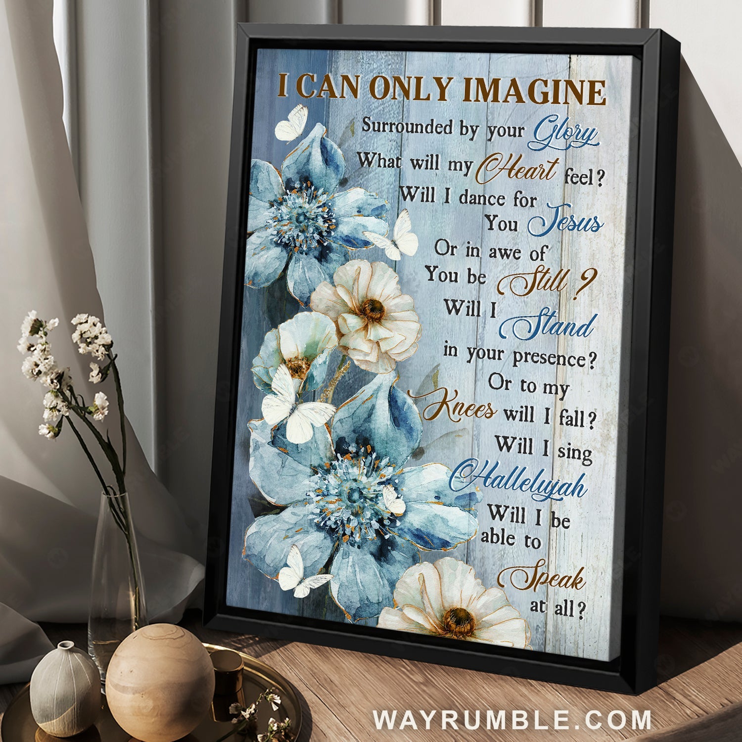 Beautiful flower painting, Blue flower, White butterfly, I can only imagine - Jesus Portrait Canvas Prints, Christian Wall Art