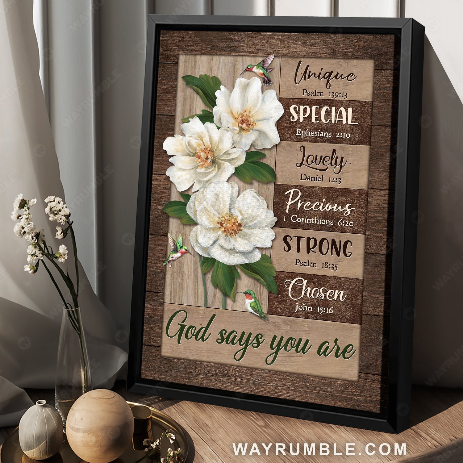 White magnolia flower, Hummingbird drawing, God says you are unique - Jesus Portrait Canvas Prints, Home Decor Wall Art