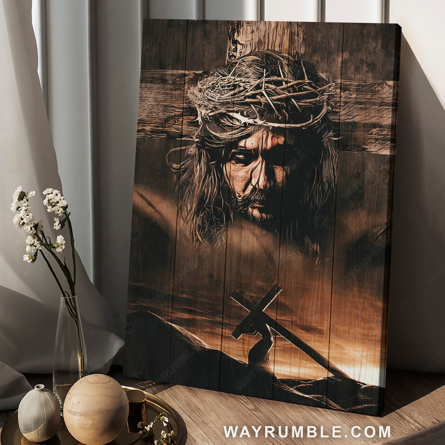 Jesus carry the cross, Wooden cross, Crown of thorn, Stunning drawing - Jesus Portrait Canvas Prints, Home Decor Wall Art