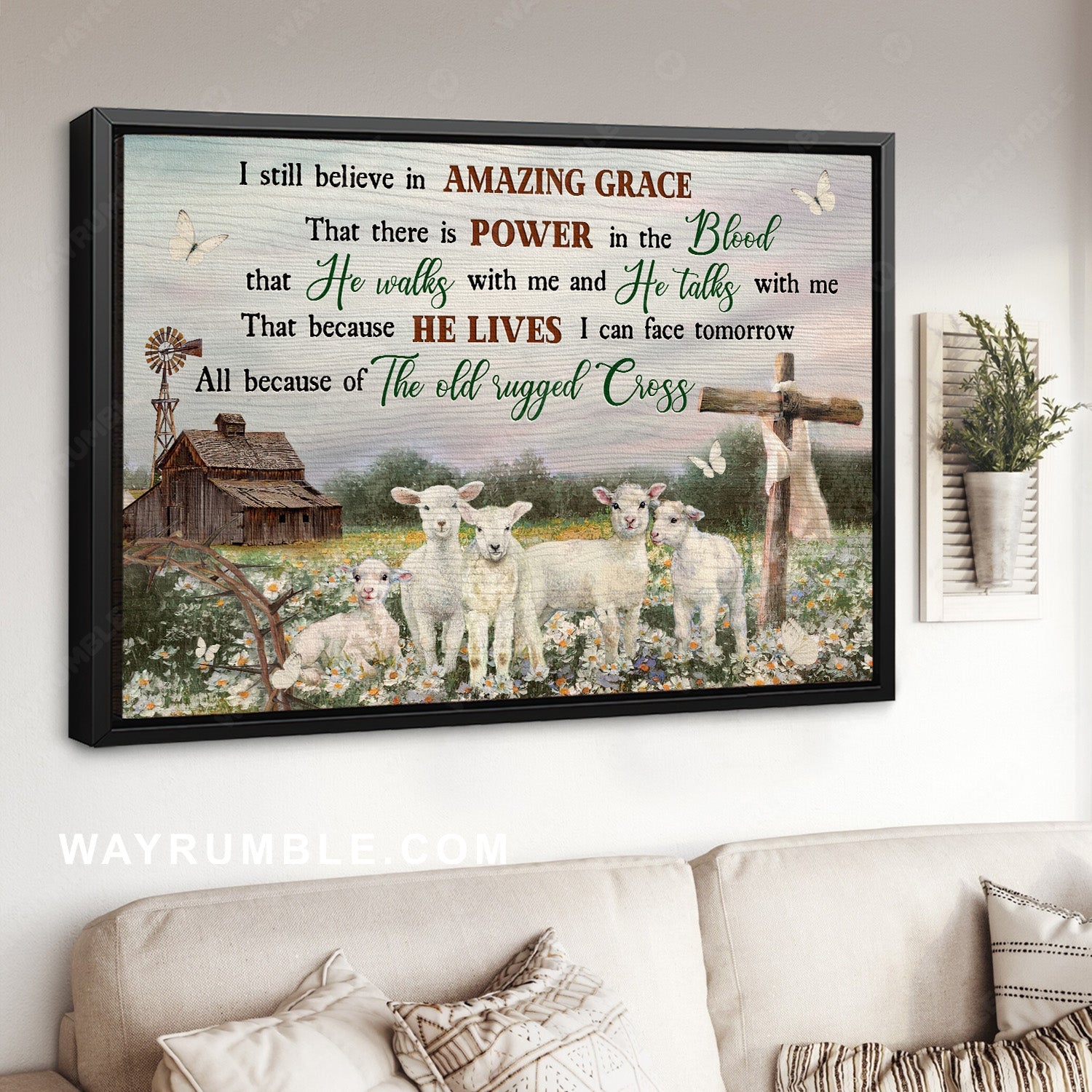 Lovely lamb, Pretty daisy field, Cross symbol, I still believe in amazing grace - Jesus Landscape Canvas Prints, Home Decor Wall Art