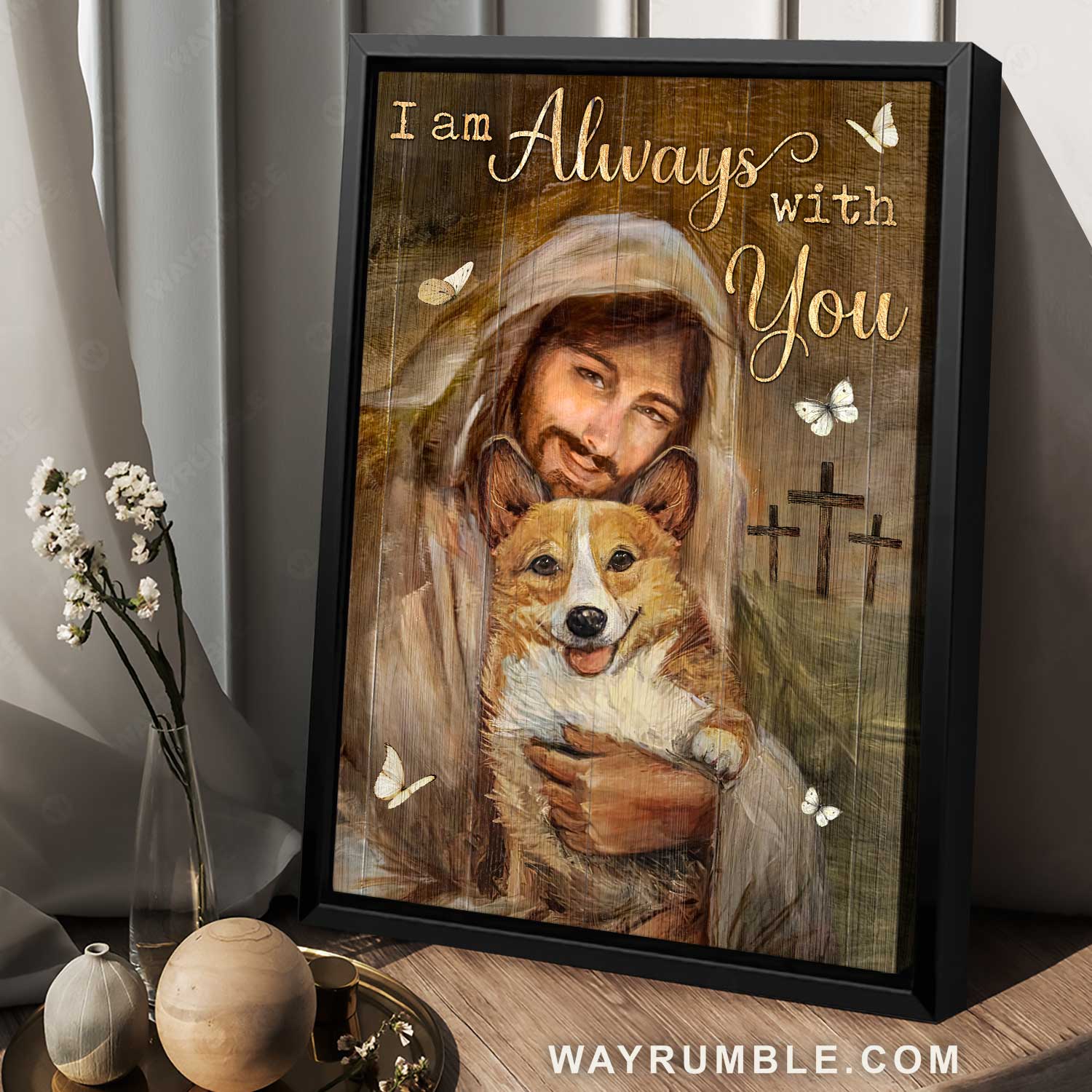 Cute Corgi dog, Happy Jesus, Watercolor painting, I am always with you - Jesus Portrait Canvas Prints, Home Decor Wall Art