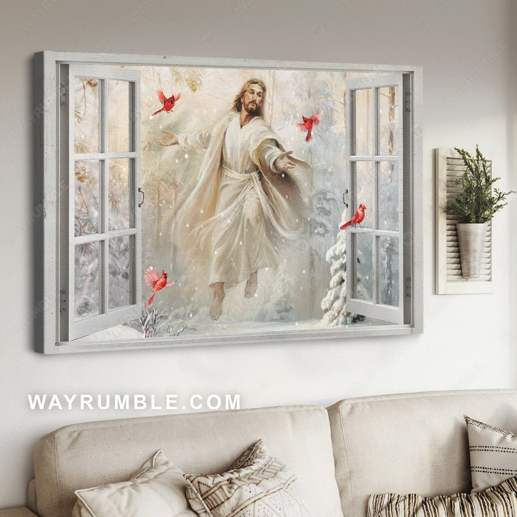 Walking with Jesus, Dance with me, Winter forest, Beautiful cardinal - Jesus Landscape Canvas Prints, Home Decor Wall Art
