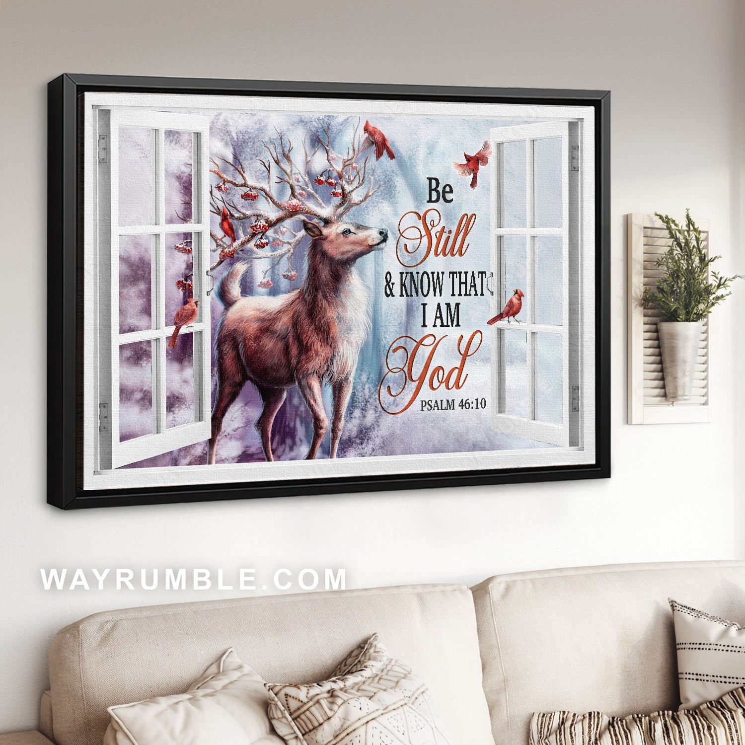 Watercolor deer, Stunning horn, Red cardinal, Be still and know that I am God - Jesus Landscape Canvas Prints, Home Decor Wall Art