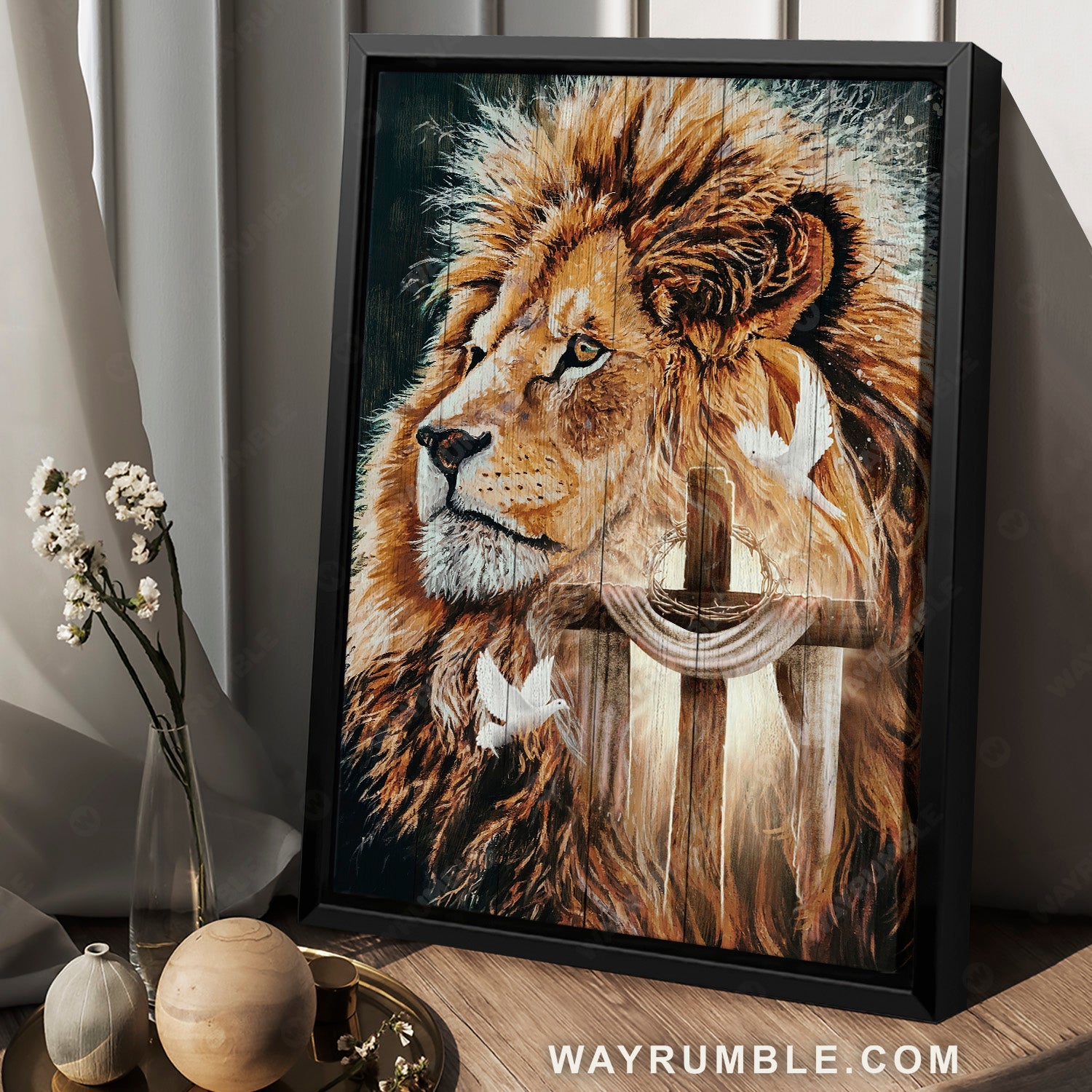 Big lion, Stunning face, Crown of thorn, Beautiful cross painting - Jesus Portrait Canvas Prints, Home Decor Wall Art