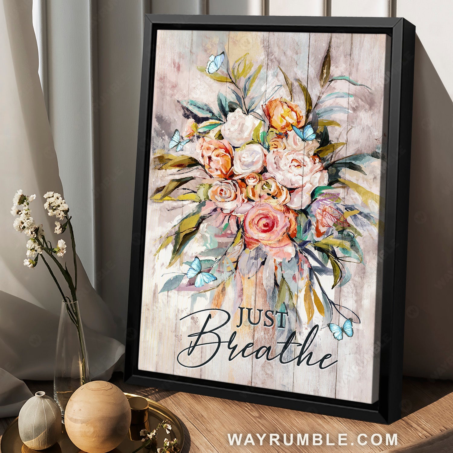 Watercolor rose, Blue butterfly, Gift for flower lover, Just breathe - Jesus Portrait Canvas Prints, Home Decor Wall Art