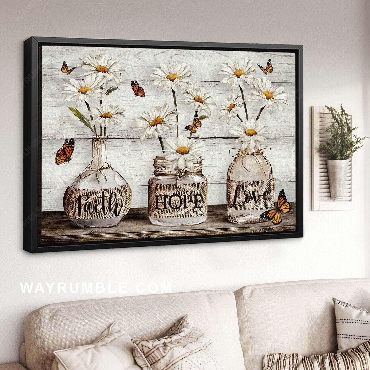 Vintage daisy vase, Monarch butterfly, Home Decor, Faith, Hope, Love - Jesus Landscape Canvas Prints, Home Decor Wall Art