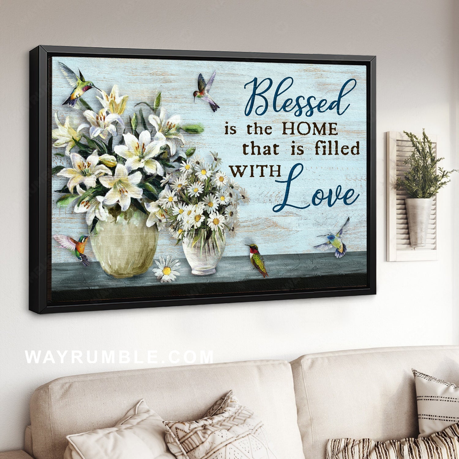 Pretty lily vase, White daisy, Cute hummingbird, Blessed is the home - Jesus Landscape Canvas Prints, Home Decor Wall Art