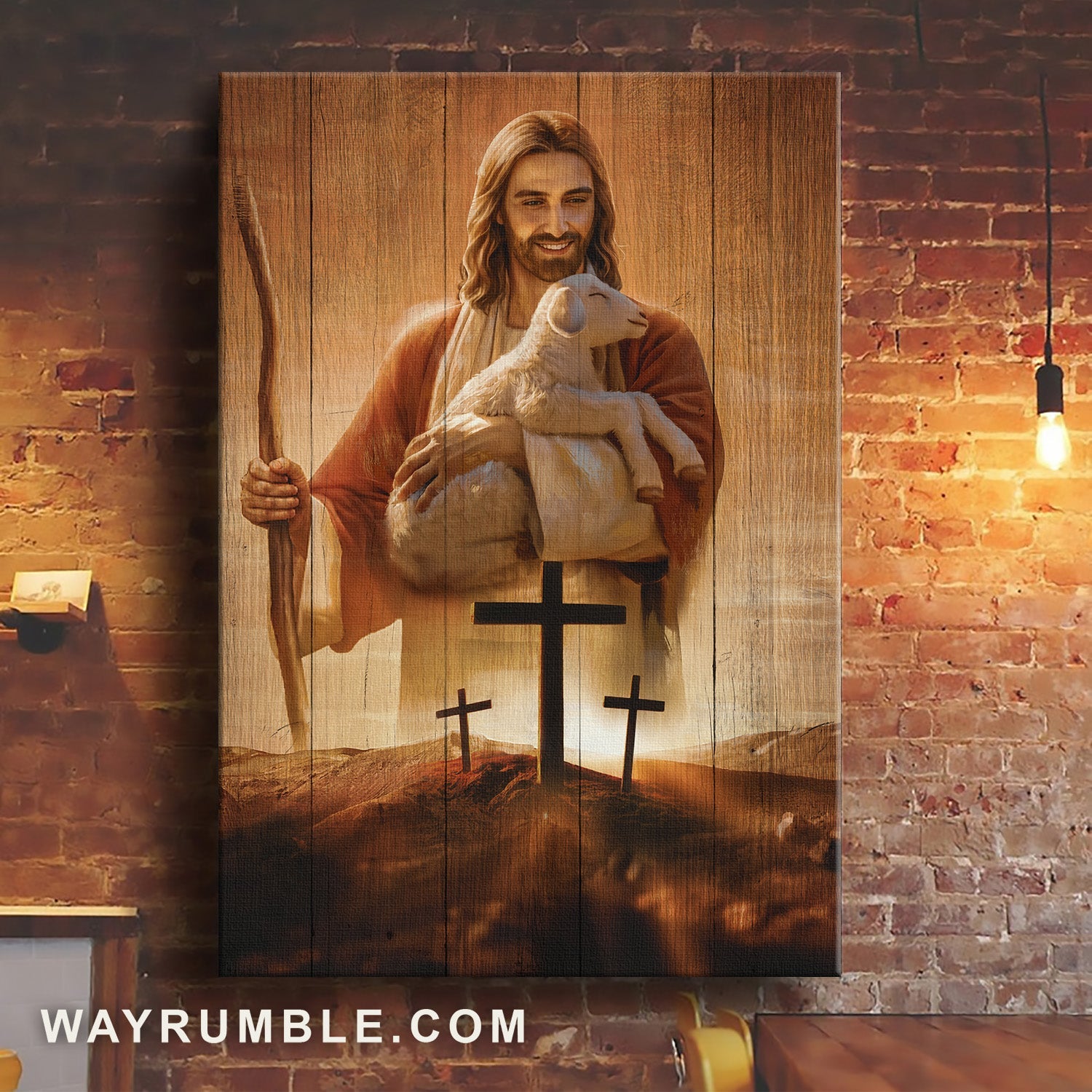 Happy sunset, Lamb of God, The world in his arm, Cross symbol - Jesus Portrait Canvas Prints, Home Decor Wall Art