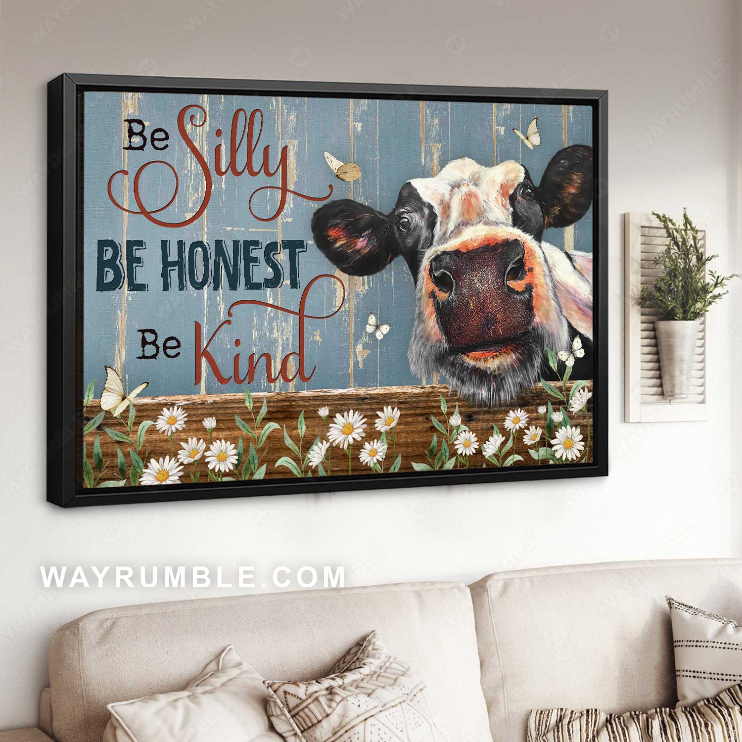 Stunning dairy cow, Daisy fence, Be silly, Be honest, Be kind - Jesus Landscape Canvas Prints, Home Decor Wall Art