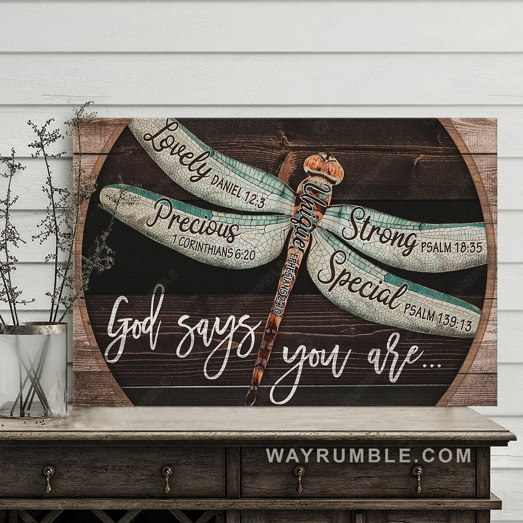 Pretty dragonfly, Wooden background, God says you are unique - Jesus Landscape Canvas Prints, Home Decor Wall Art