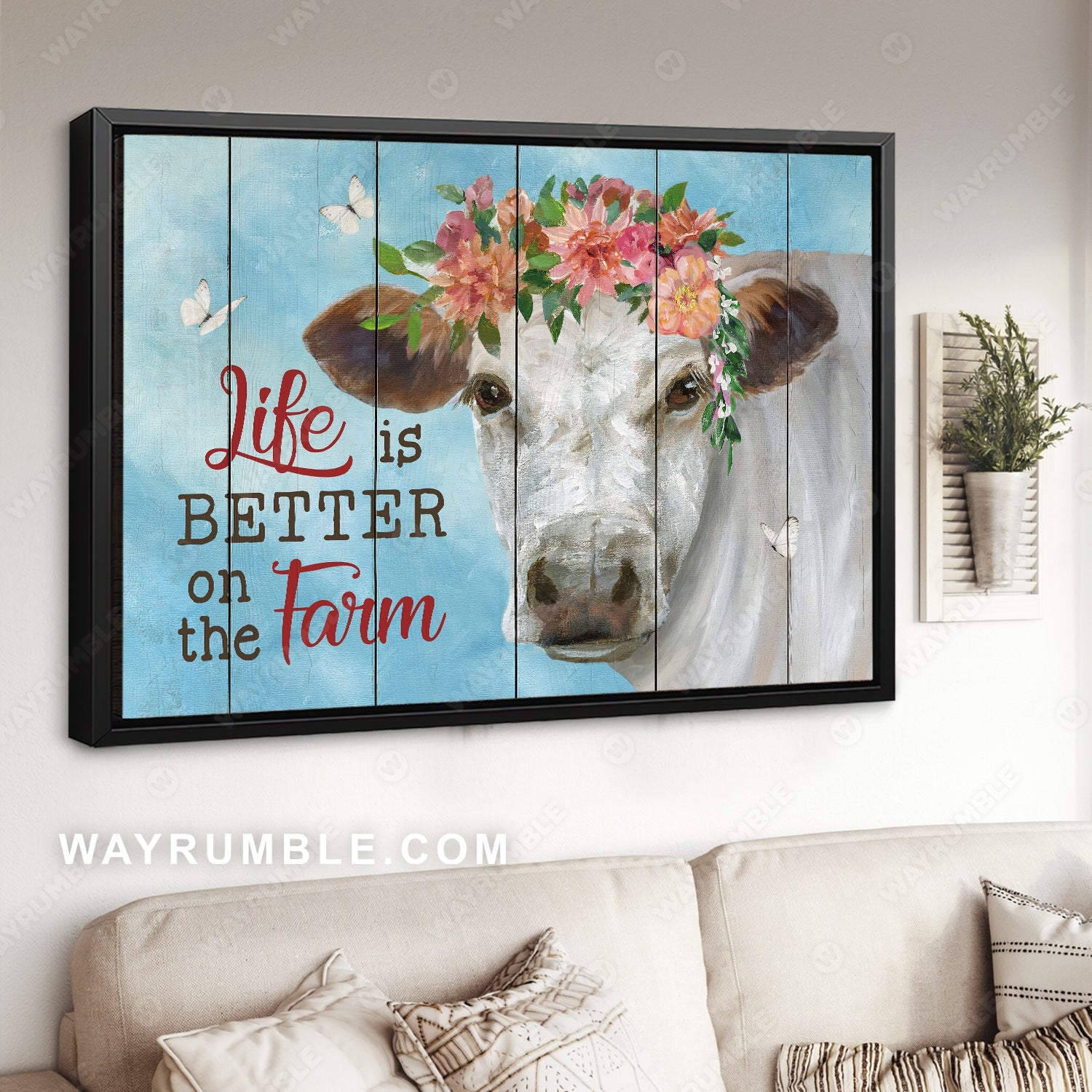 White cow, Colorful flower wreath, Blue sky, Life is better on the farm - Jesus Landscape Canvas Prints, Home Decor Wall Art