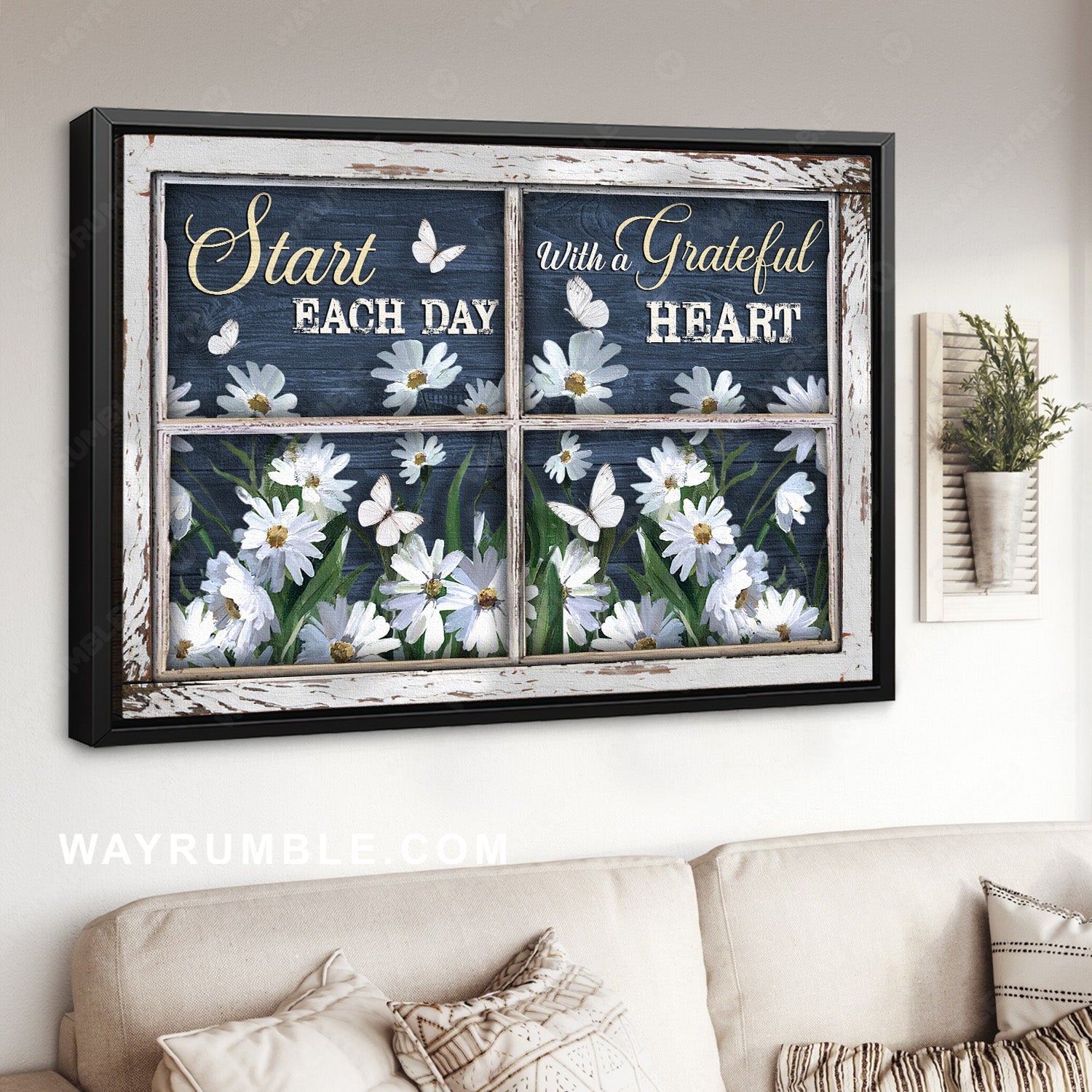 Watercolor daisy garden, White butterfly, Start each day with a grateful heart - Jesus Landscape Canvas Prints, Home Decor Wall Art