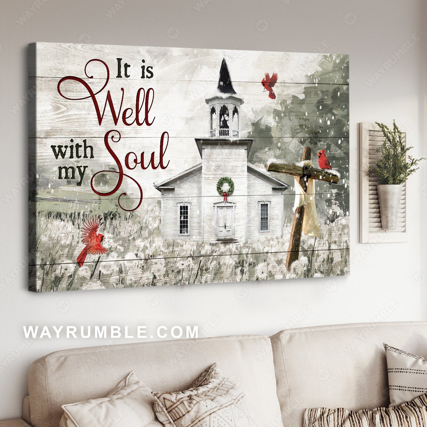 Watercolor church, Winter vibe, Red cardinal, It is well with my soul - Jesus Landscape Canvas Prints, Home Decor Wall Art