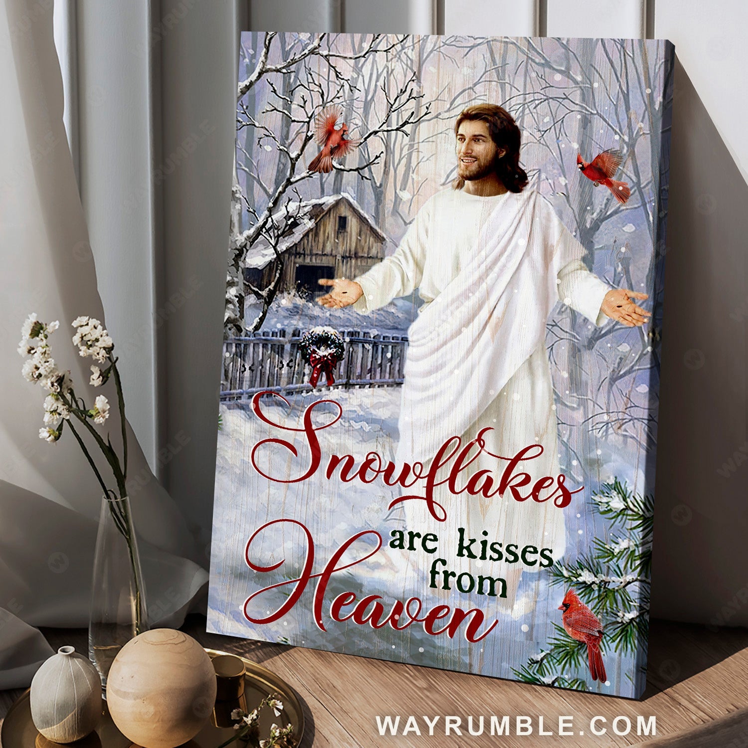Unique Jesus painting, Winter forest, Snowflakes are kisses from heaven - Jesus Portrait Canvas Prints, Home Decor Wall Art