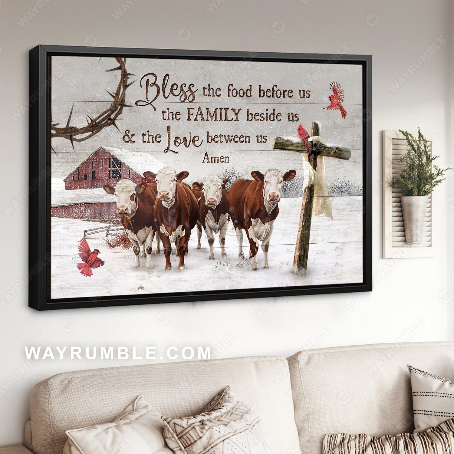 Stunning cow farm, Wooden cross, Winter drawing, Bless the food before us - Jesus Landscape Canvas Prints, Home Decor Wall Art