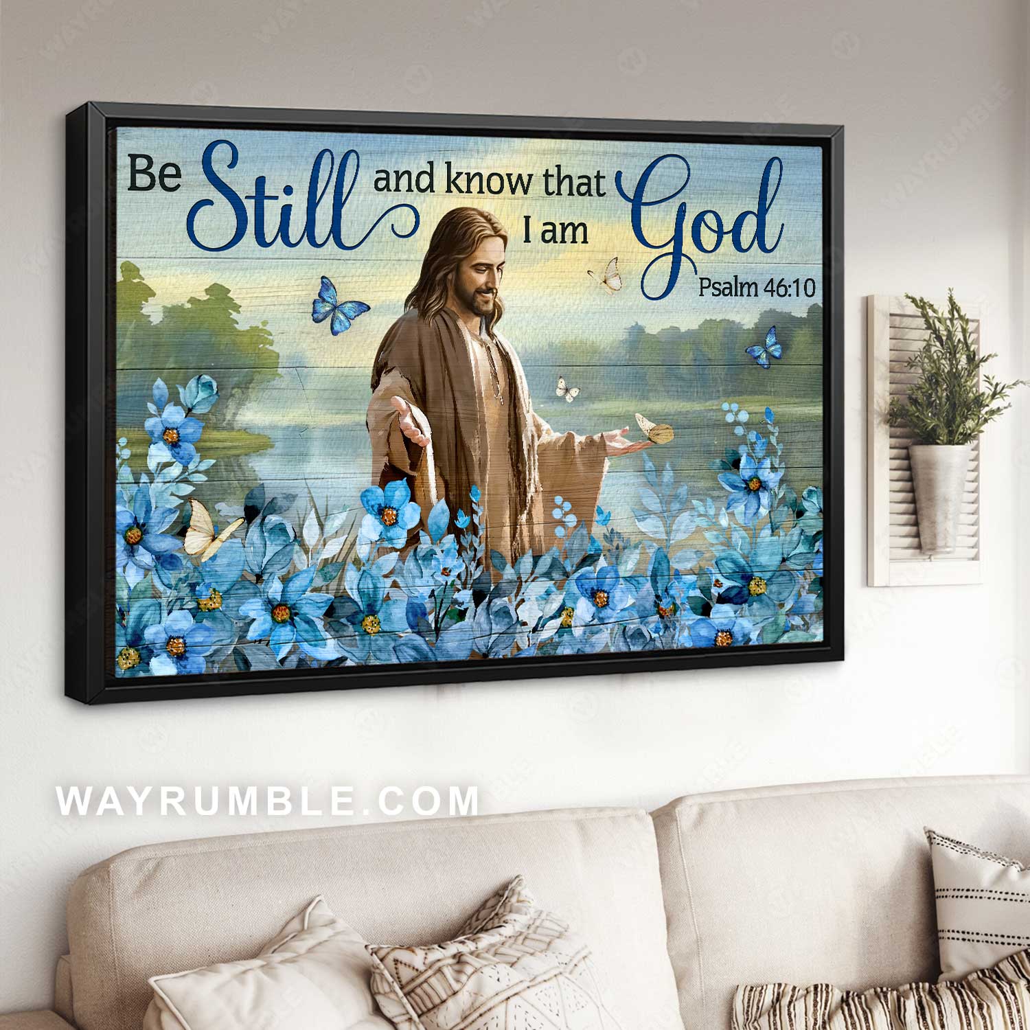 Jesus painting, Blue flower garden, Pretty sunset, Be still and know that I am God - Jesus Landscape Canvas Prints, Home Decor Wall Art