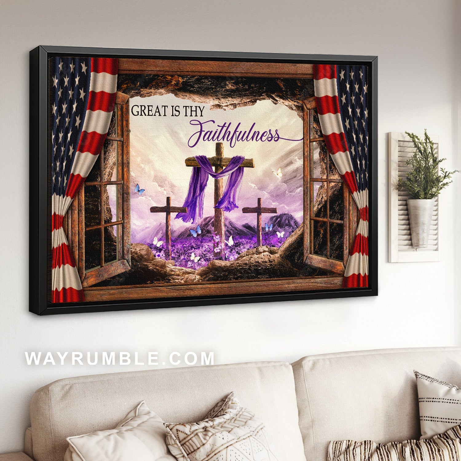 Purple silk, Stunning mountain, US flag, Great is thy faithfulness - Jesus Landscape Canvas Prints, Home Decor Wall Art