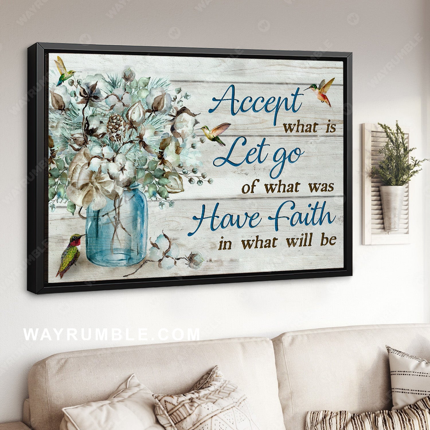 Vintage cotton flower, Lovely hummingbird, Accept what is let go - Jesus Landscape Canvas Prints, Home Decor Wall Art