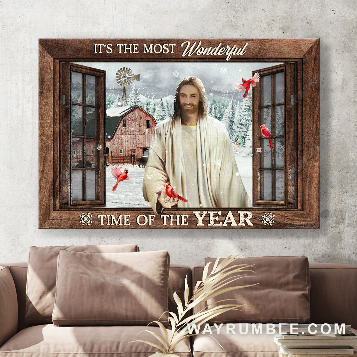 Stunning Jesus painting, Red cardinal, It's the most wonderful time of the year - Jesus Landscape Canvas Prints, Home Decor Wall Art