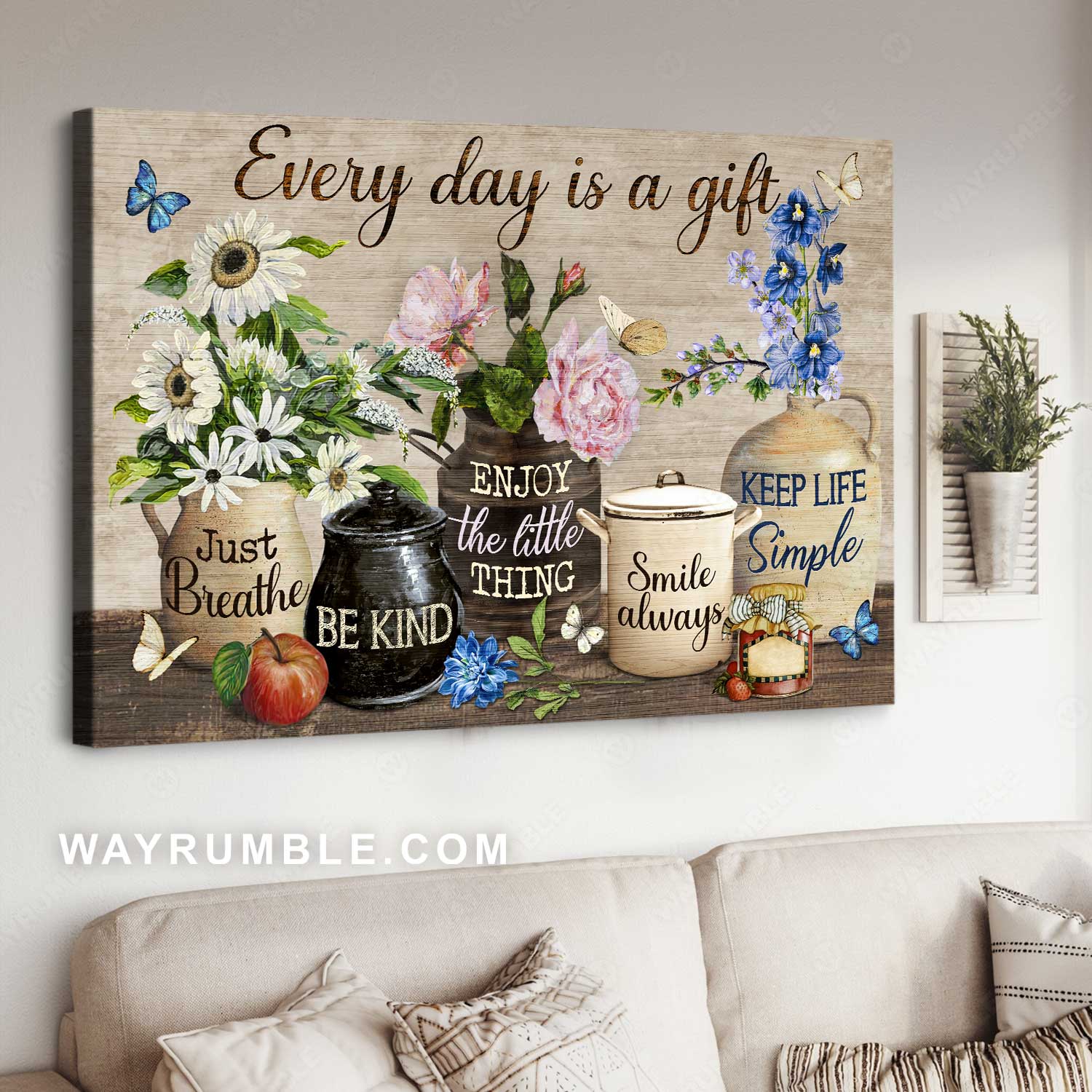 Pink rose, Pretty flower vase, Colorful butterfly, Every day is a gift - Jesus Landscape Canvas Prints, Home Decor Wall Art