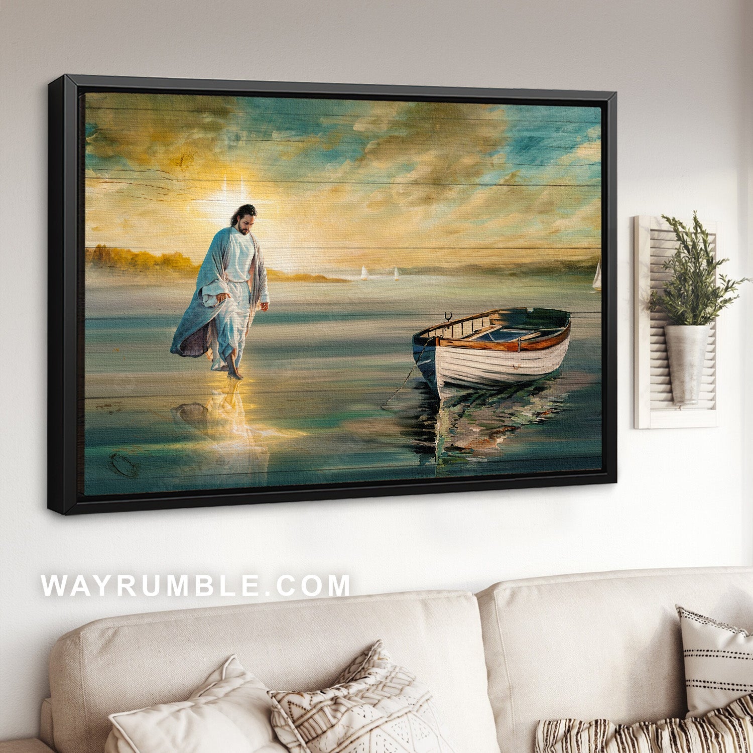 Beautiful ocean, Wonderful day, Jesus walking on water - Jesus Landscape Canvas Prints, Home Decor Wall Art