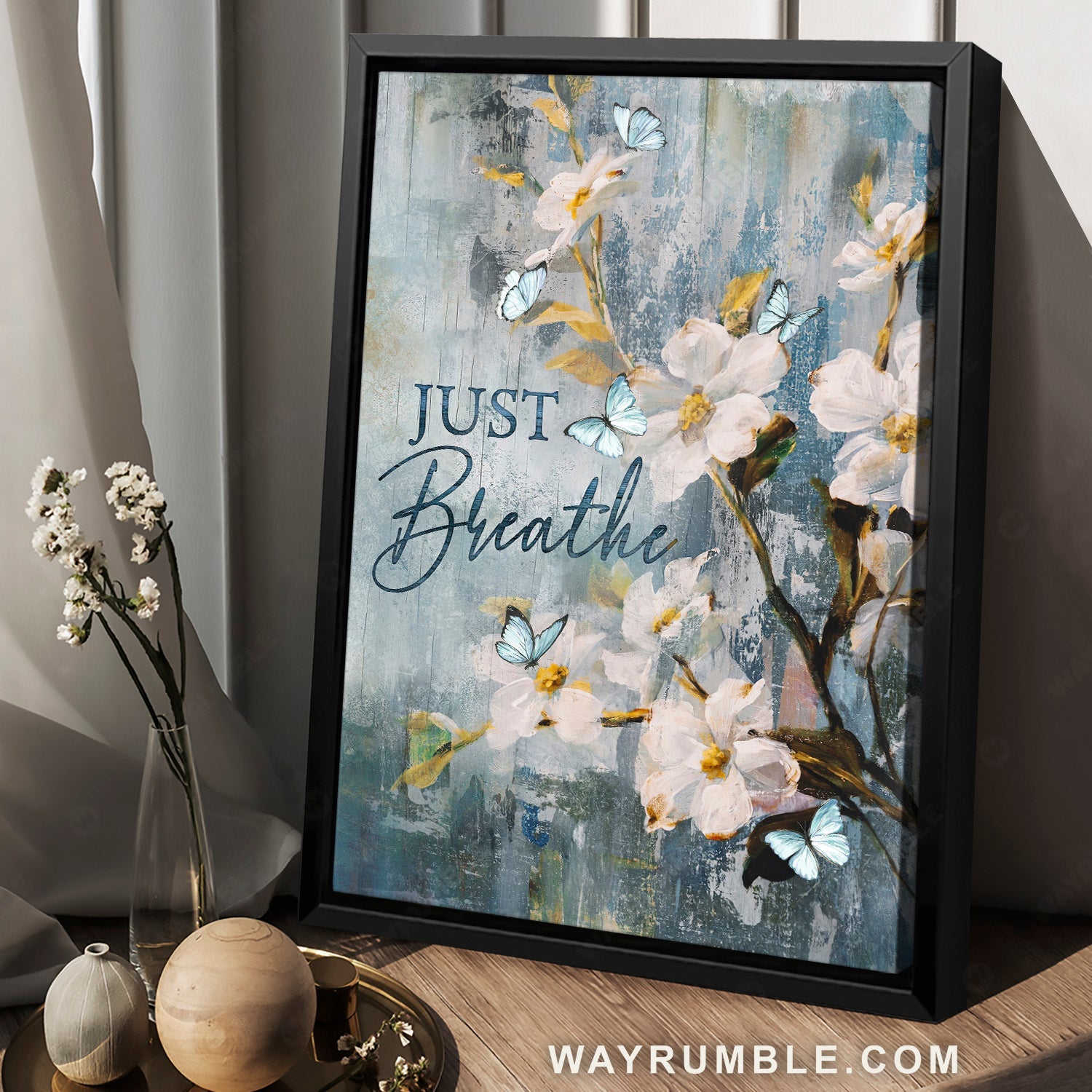 Watercolor white flower, Light blue butterfly, Just breathe - Jesus Portrait Canvas Prints, Home Decor Wall Art