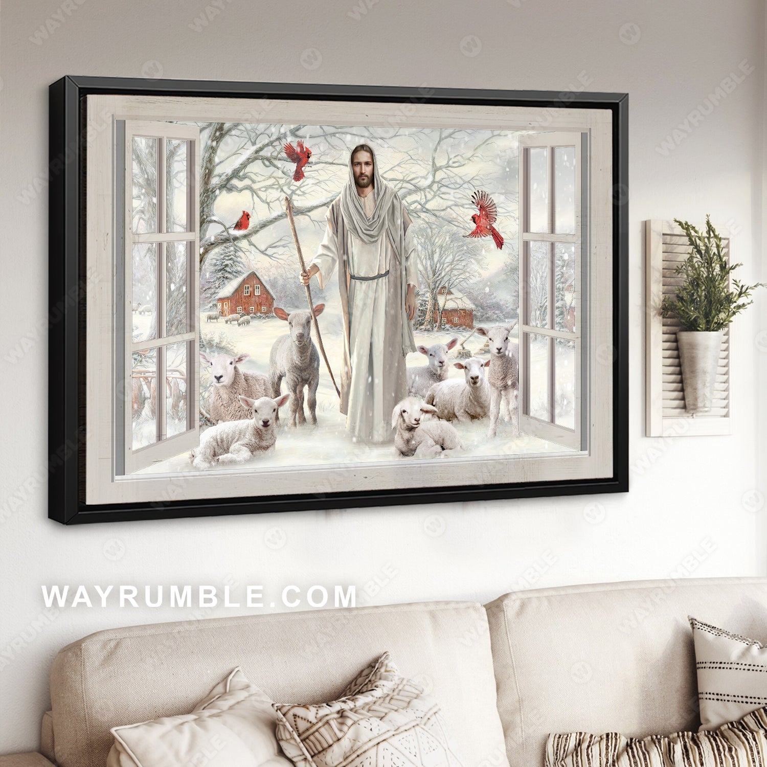Lamb farm, Winter forest, Red cardinal, Walking with Jesus - Jesus Landscape Canvas Prints, Home Decor Wall Art