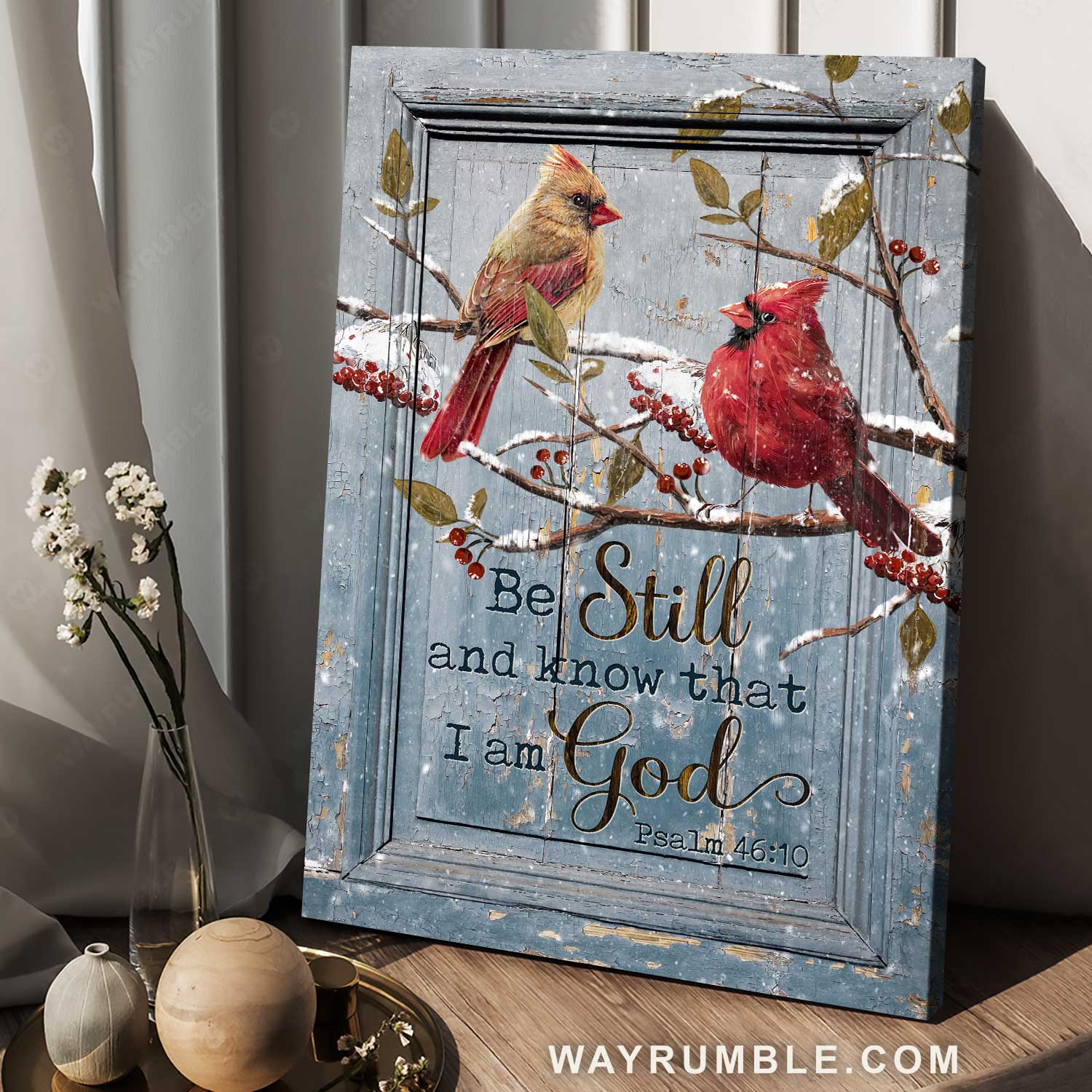 Watercolor drawing, Lovely cardinal, Cranberry forest, Be still and know I am God - Jesus Portrait Canvas Prints, Home Decor Wall Art