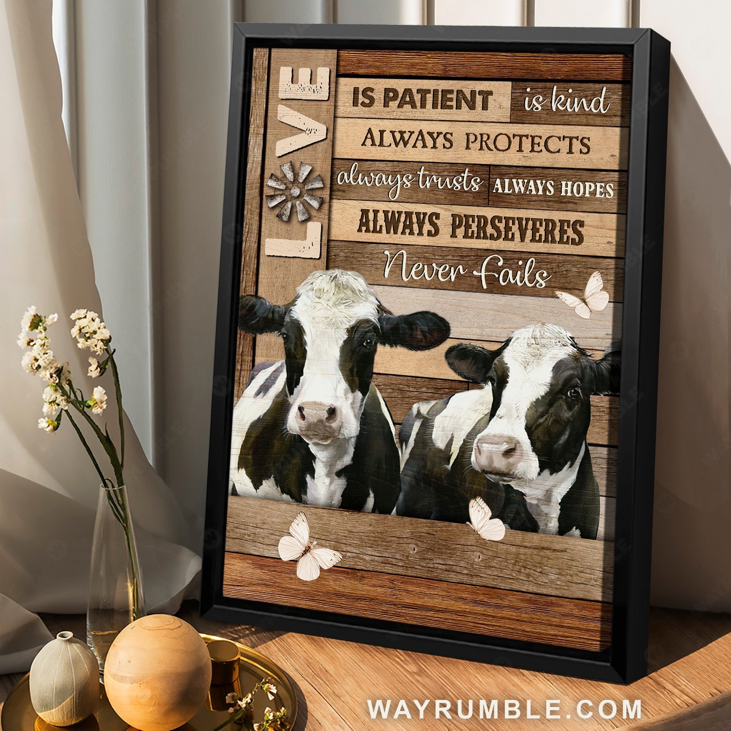 Lovely dairy cow, White butterfly, Farm painting, Love is patient - Jesus Portrait Canvas Prints, Home Decor Wall Art