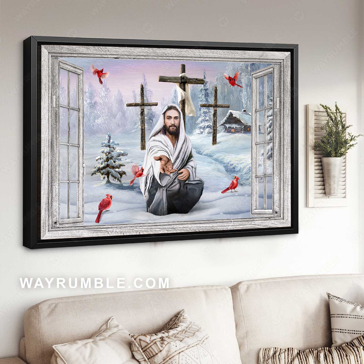 Walking with Jesus, Frozen road, Beautiful cardinal, Cross symbol - Jesus Landscape Canvas Prints, Home Decor Wall Art