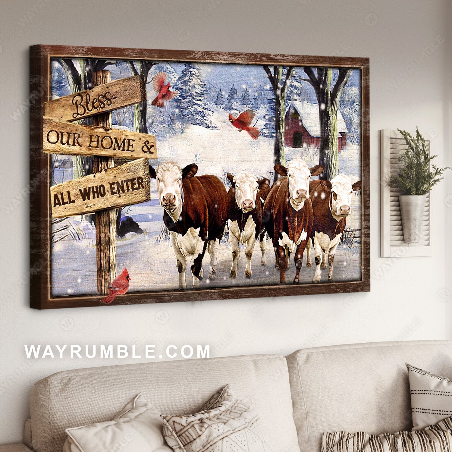Dairy cow painting, Winter forest, Cardinal, Bless our home and all who enter - Jesus Landscape Canvas Prints, Home Decor Wall Art