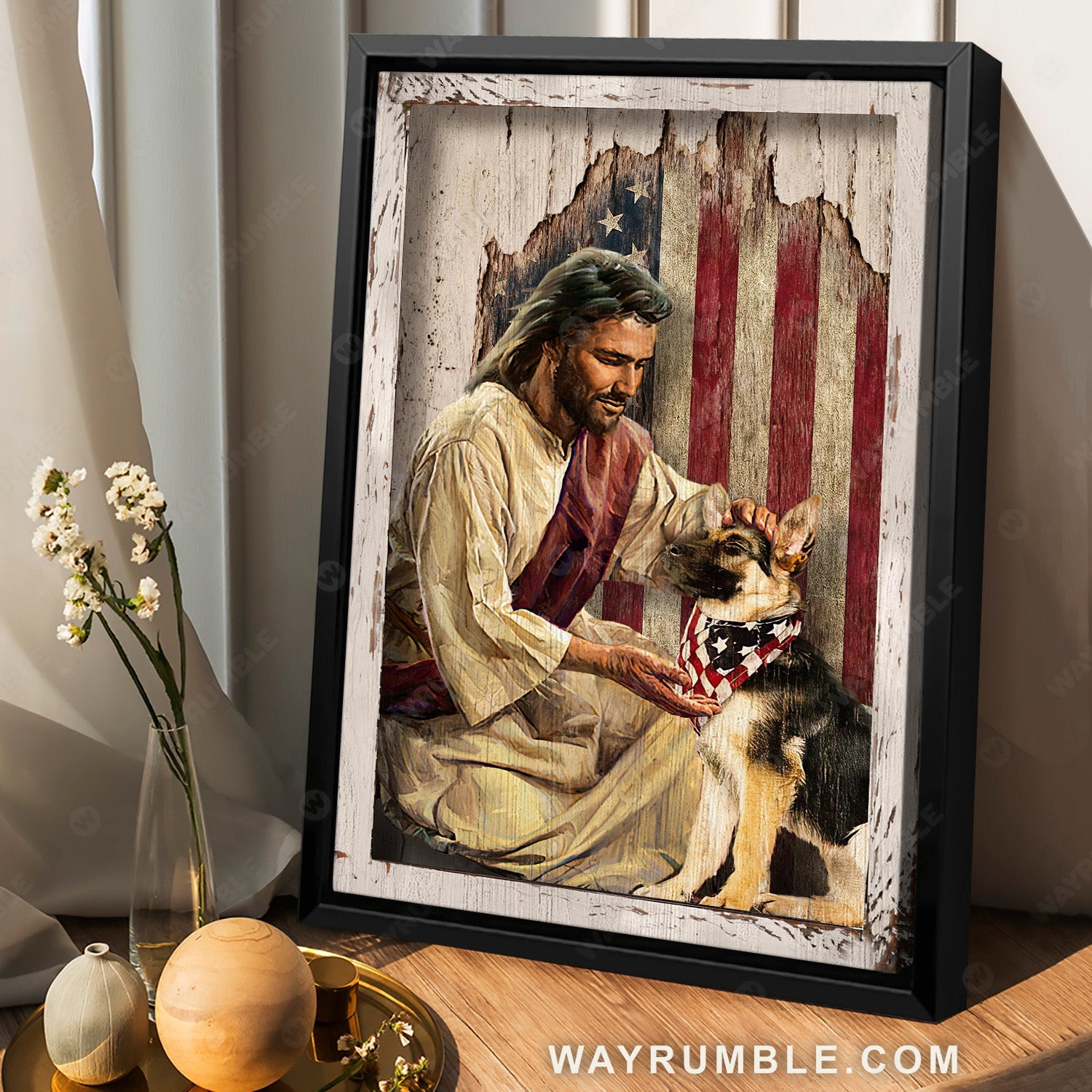 Unique painting, Little German Shepherd, Antique US flag - Jesus Portrait Canvas Prints, Home Decor Wall Art