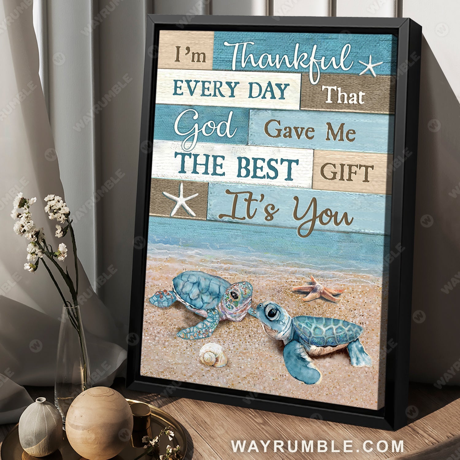 Blue sea turtle, Ocean painting, Starfish, I'm thankful every day - Jesus Portrait Canvas Prints, Christian Wall Art