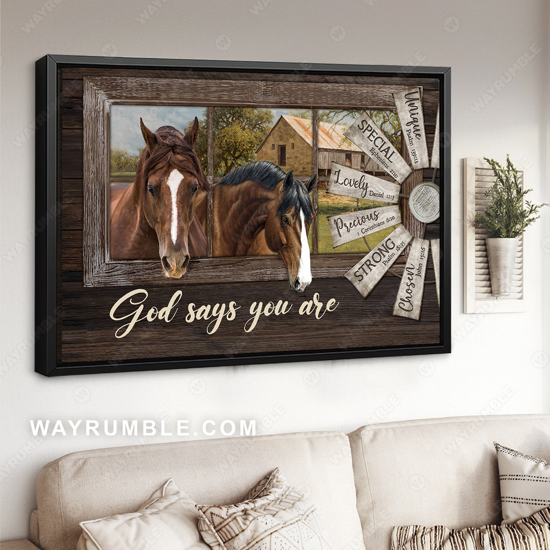 Brown horses, Vintage windmill, Green meadow, God says you are unique - Jesus Landscape Canvas Prints, Christian Wall Art