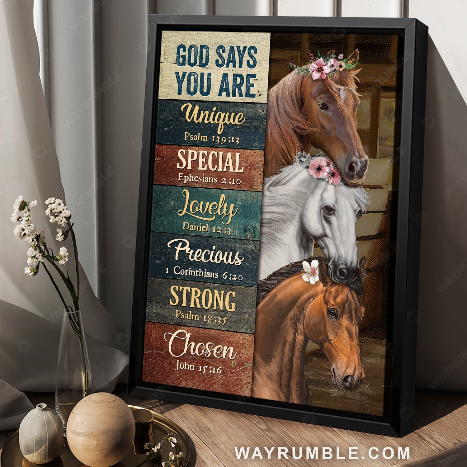 Stunning horses, Pink flower wreath, Horse farm, God says you are unique - Jesus Portrait Canvas Prints, Home Decor Wall Art