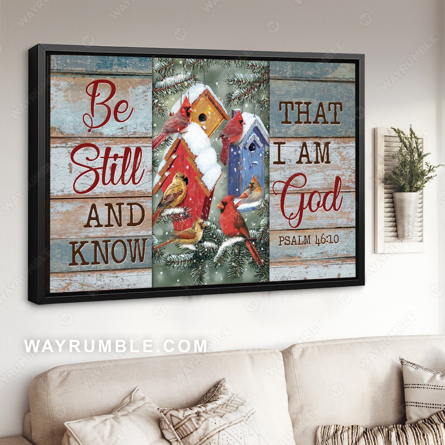 Colorful birdhouse, Beautiful cardinal, Winter, Be still and know that I am God - Jesus Landscape Canvas Prints, Home Decor Wall Art