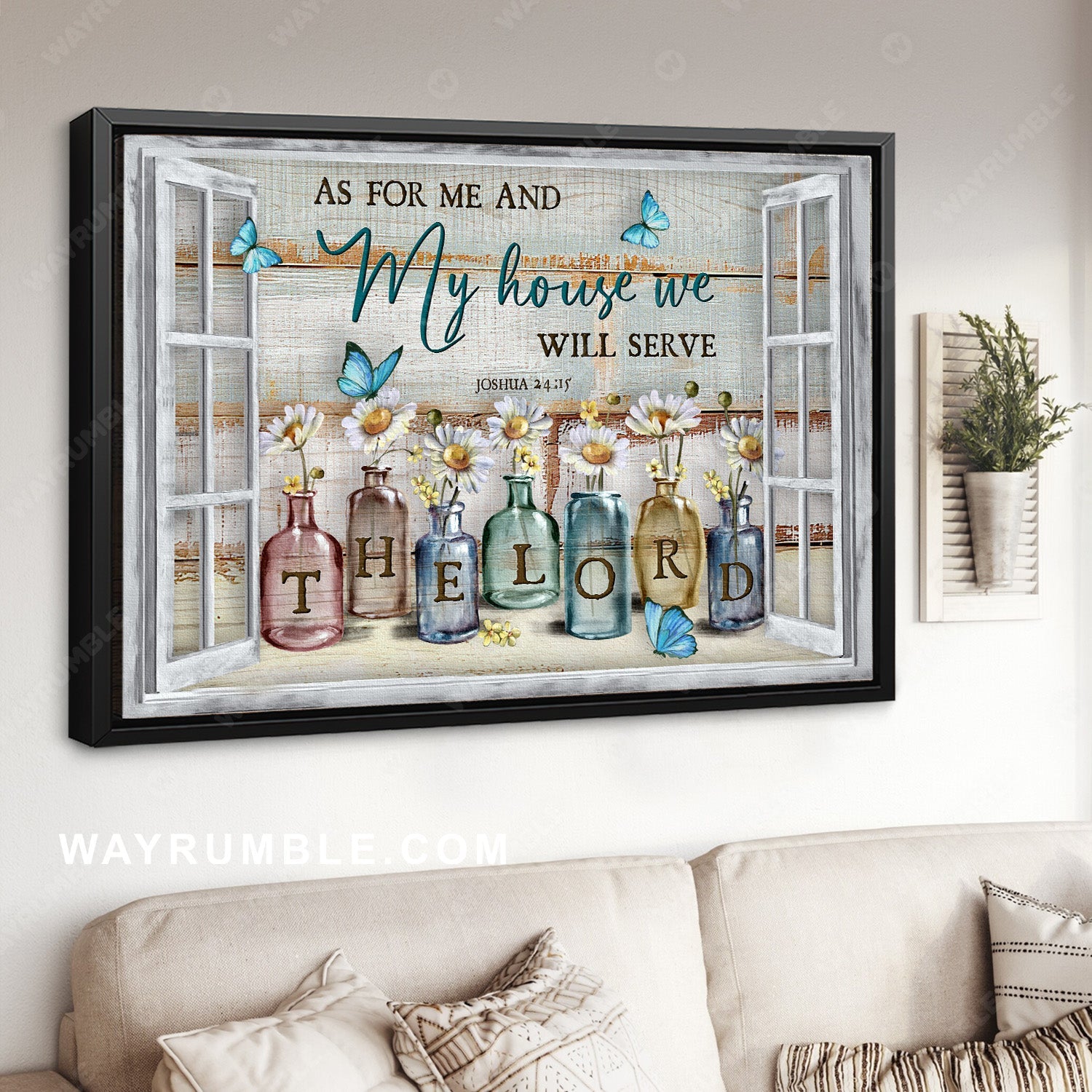 Little bottle, Small daisy, Blue butterfly, As for me and my house - Jesus Landscape Canvas Prints, Home Decor Wall Art
