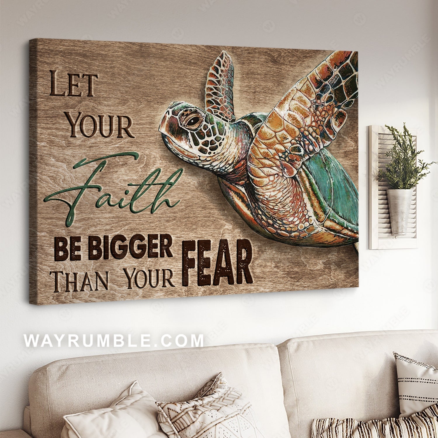 Stunning turtle, Wooden background, Let your faith be bigger than your fear - Jesus Landscape Canvas Prints, Christian Wall Art