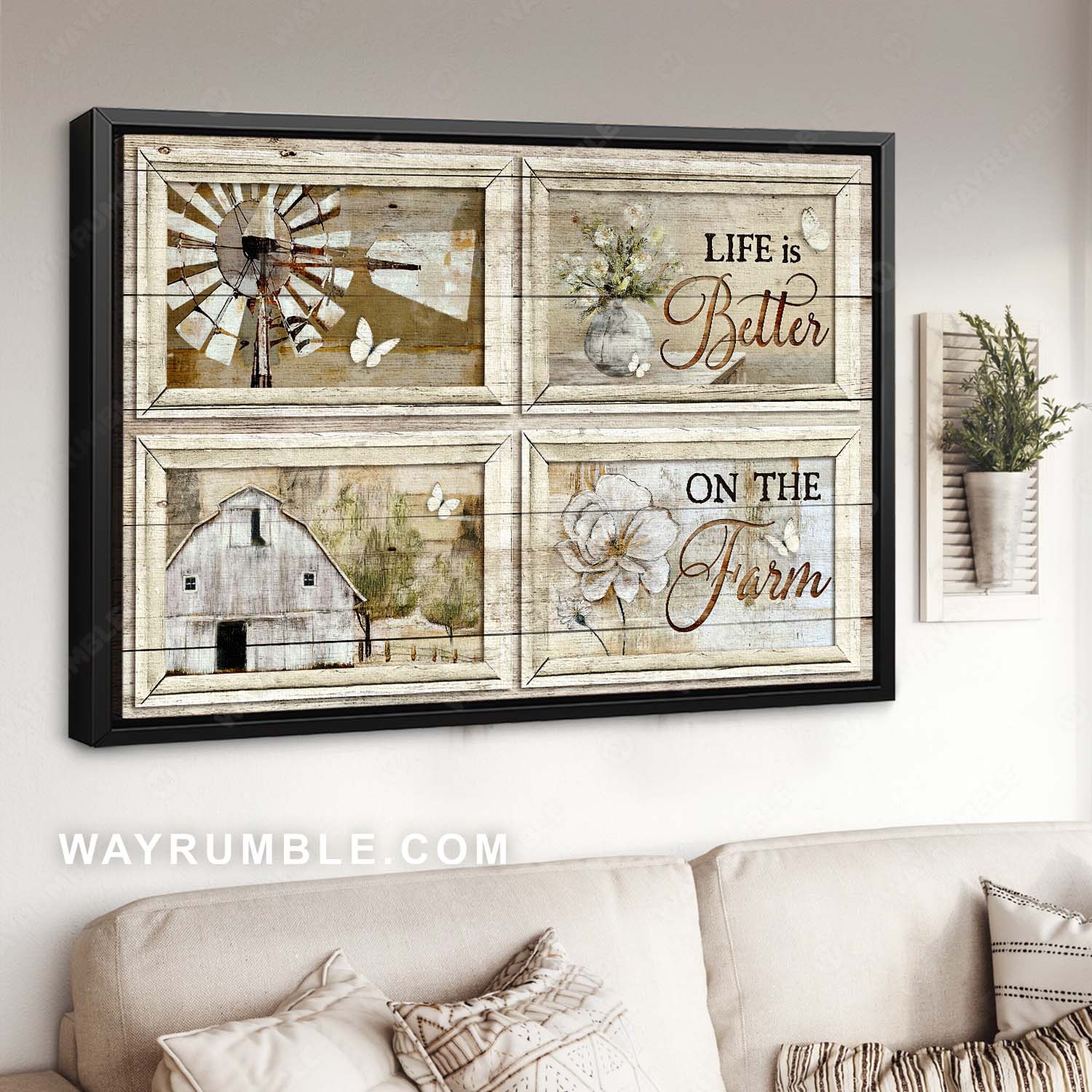 Vintage windmill, Old house, Flower vase, Life is better on the farm - Jesus Landscape Canvas Prints, Home Decor Wall Art