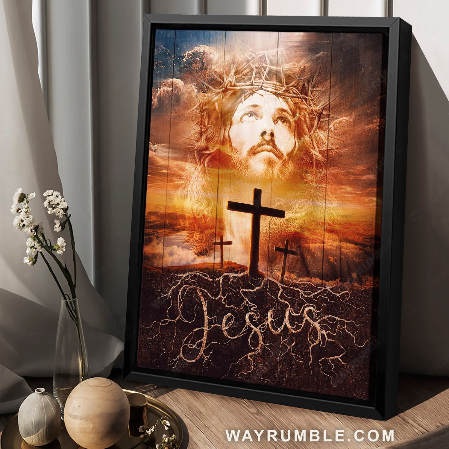 Face of Jesus, Stunning sunset, Cross symbol, Crown of thorn - Jesus Portrait Canvas Prints, Home Decor Wall Art