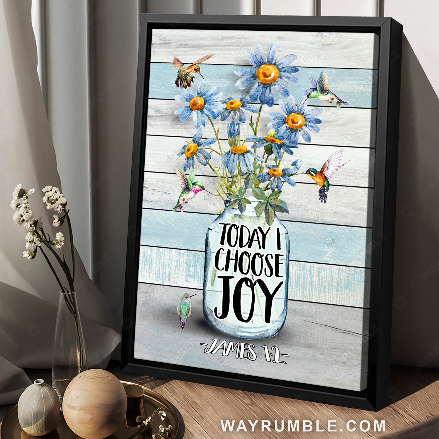 Blue daisy vase, Stunning hummingbird, Pretty flower, Today I choose joy - Jesus Portrait Canvas Prints, Home Decor Wall Art