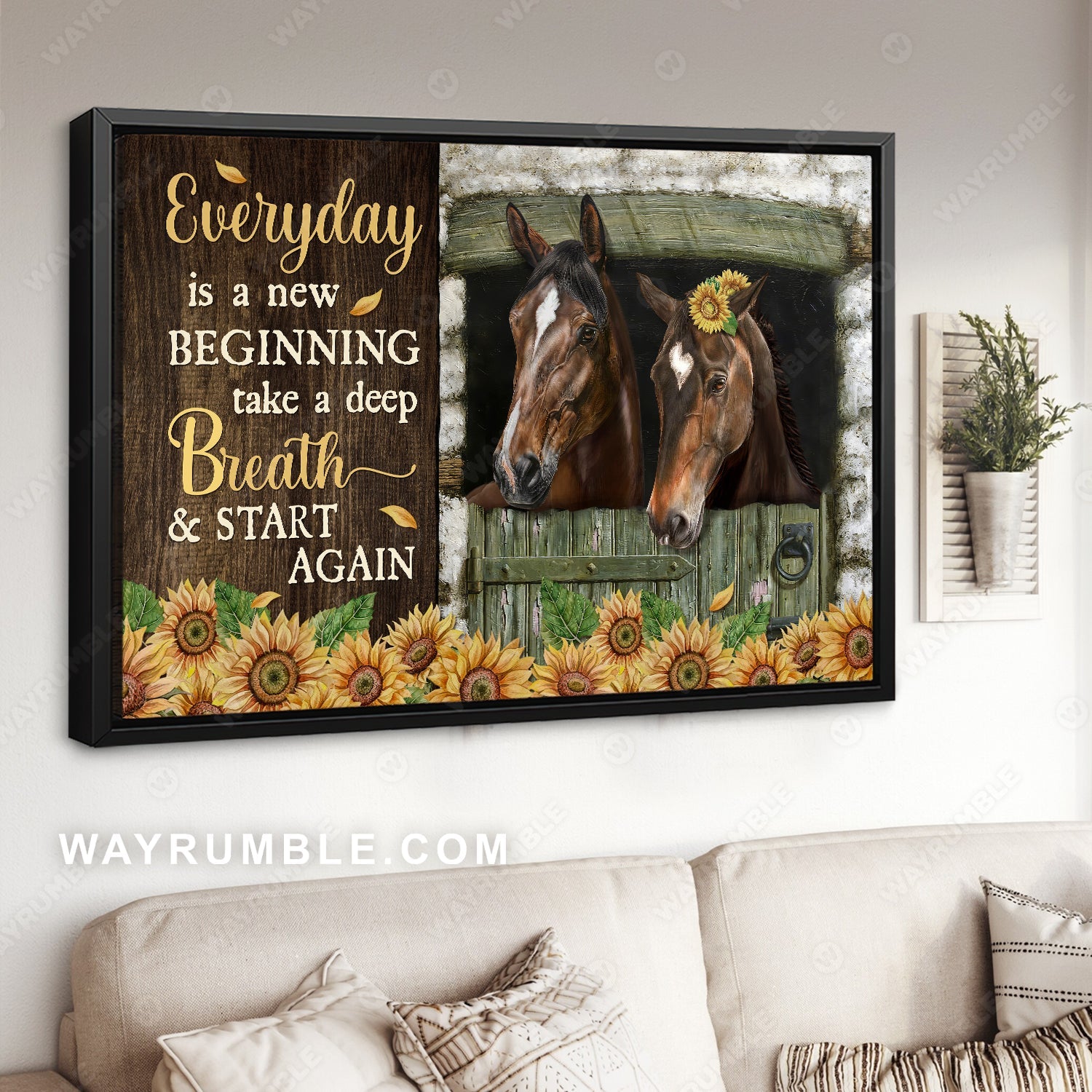 Sunflower fence, Brown horse, Flower wreath, Every day is a new beginning - Jesus Landscape Canvas Prints, Home Decor Wall Art