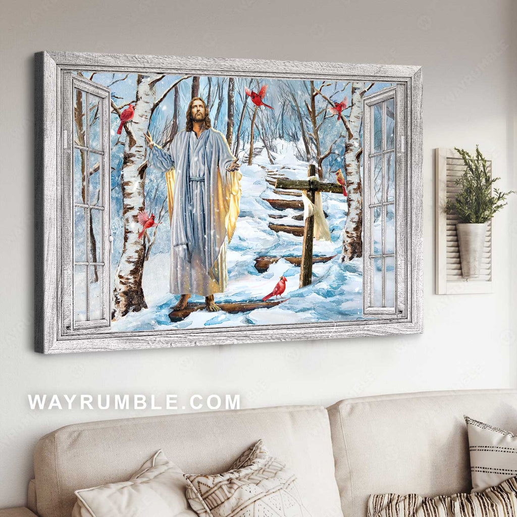 Unique forest, Winter painting, Lucky cardinal, Walking with Jesus - Jesus Landscape Canvas Prints, Home Decor Wall Art